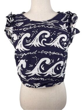 Anthropologie Place Nationale 100% Linen Cropped Top Size 8 Waves Beachy Ruffle